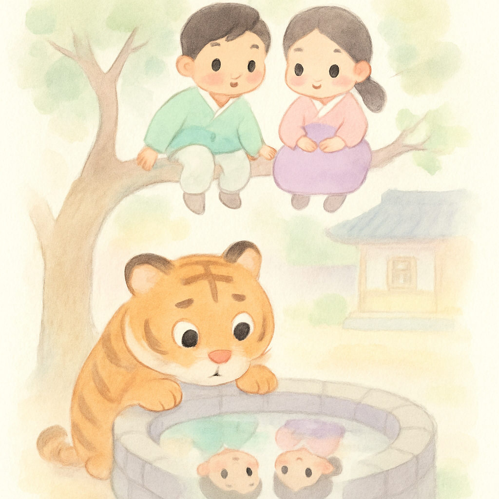 오빠와 동생이 나무 위로 올라가고 호랑이가 우물을 보는 장면